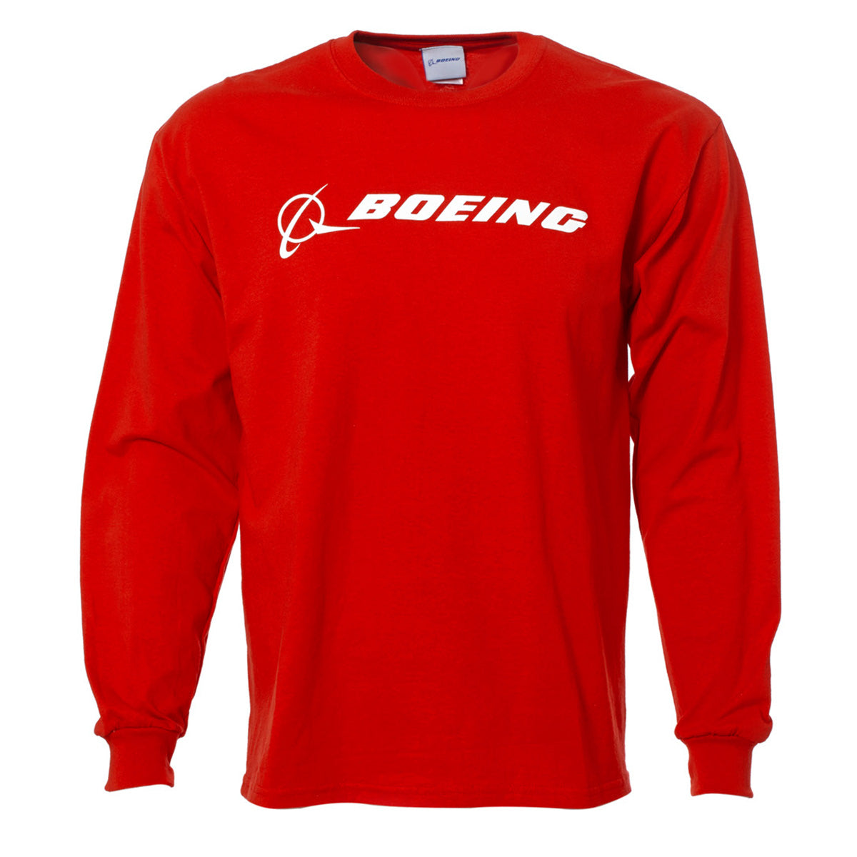 The Boeing Signature Logo Long-Sleeve T-Shirt from The Boeing Store is a red, heavyweight cotton unisex tee with the iconic white Boeing logo and text on the front.