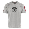 The Boeing Stores Red Canoe Boeing Airplane Company Logo B-17 T-Shirt is a gray, 100% cotton short-sleeve tee featuring a black and white round Boeing logo, a B-17 graphic on the left shoulder, and a red 25 patch on the left sleeve.