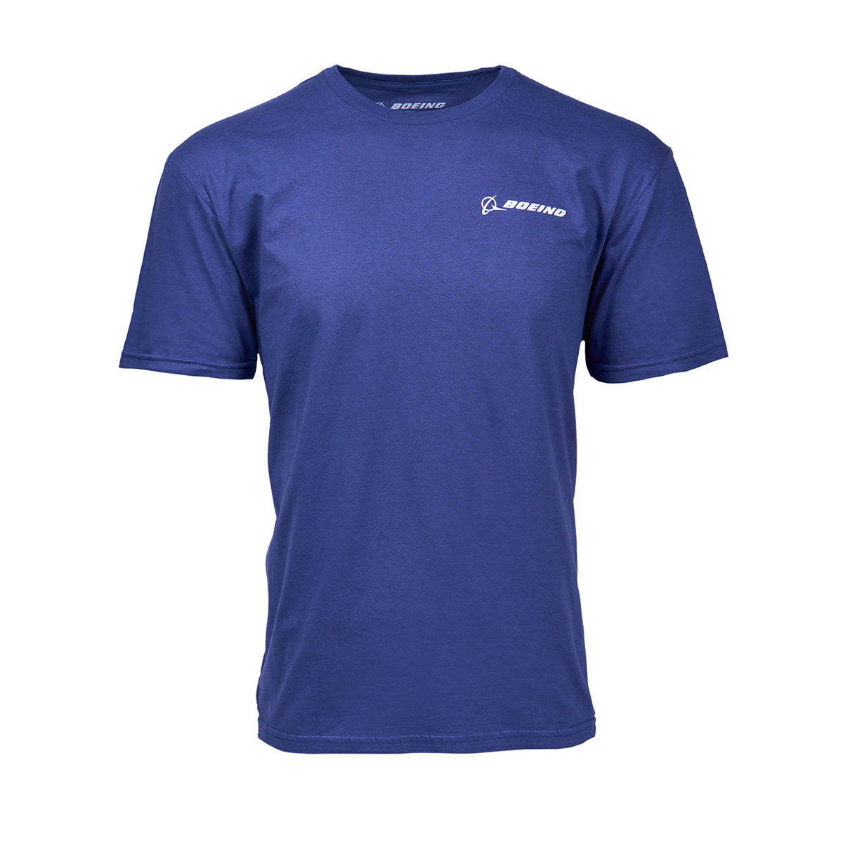 The Boeing 737 MAX Skyward Unisex T-Shirt by Boeing features a round neck with a small white logo on the upper left chest and neckline at the back, making it perfect for fans. The shirt is blue and plain, without additional designs.