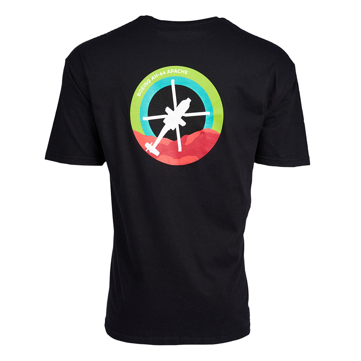 Introducing the Boeing AH-64 Apache Skyward Unisex T-Shirt: a black tee featuring a helicopter silhouette in a colorful roundel on the back, bordered with green, blue, yellow, and red hues and elegantly inscribed with Boeing AH-64 Apache.
