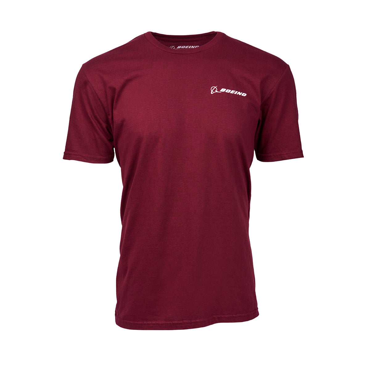 A plain maroon Boeing CH-47 Chinook Skyward Unisex T-Shirt with short sleeves and a small white Boeing logo on the left chest, ideal for aviation fans, displayed on a white background.