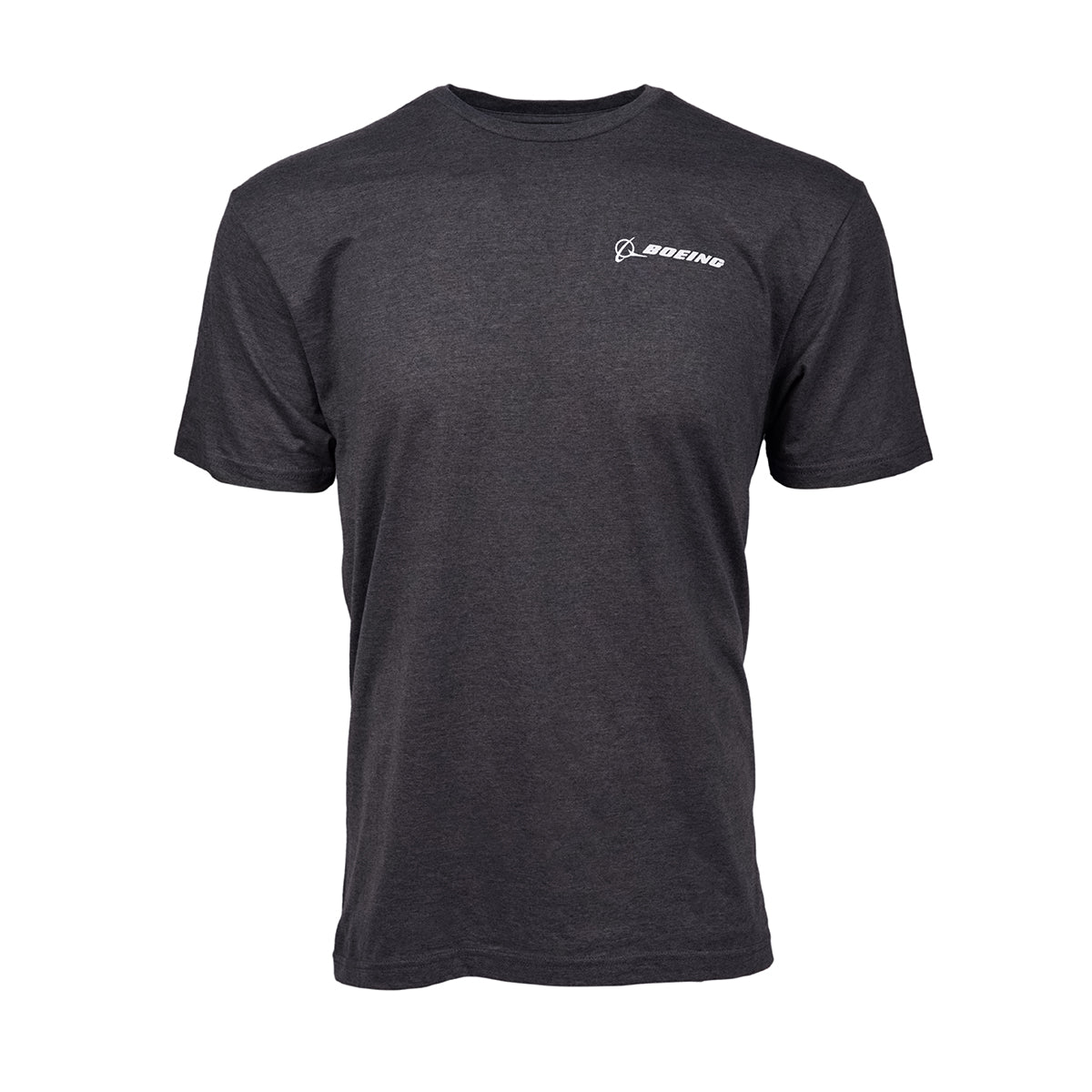 Introducing the Boeing P-8 Poseidon Skyward Unisex T-Shirt: A sleek dark gray tee featuring a small white Boeing logo on the upper left, perfect for enthusiasts.