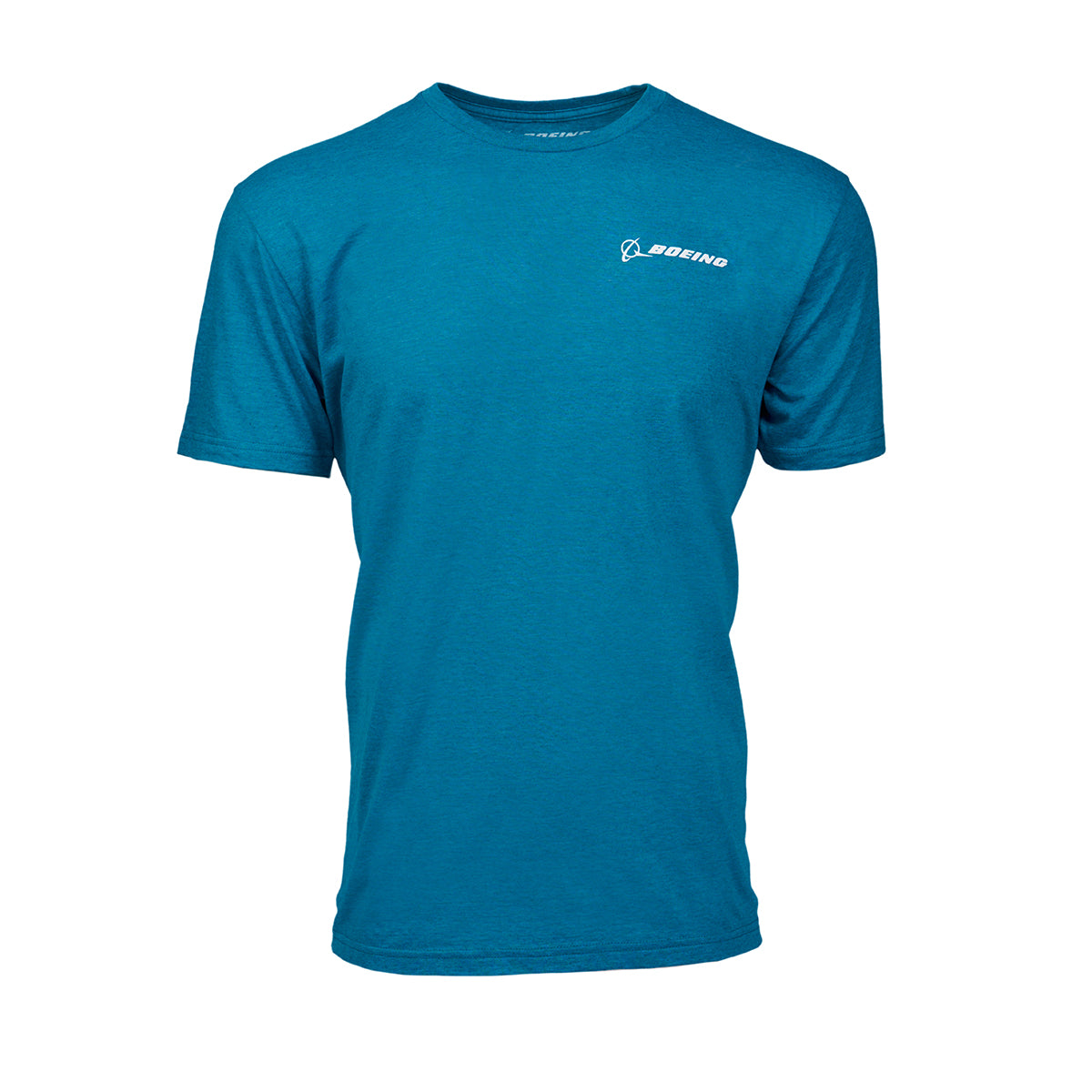 The Boeing KC-46 Pegasus Skyward Unisex T-Shirt by Boeing is a plain teal short-sleeve tee with a roundel-inspired small white Boeing logo on the left chest, shown against a white background.
