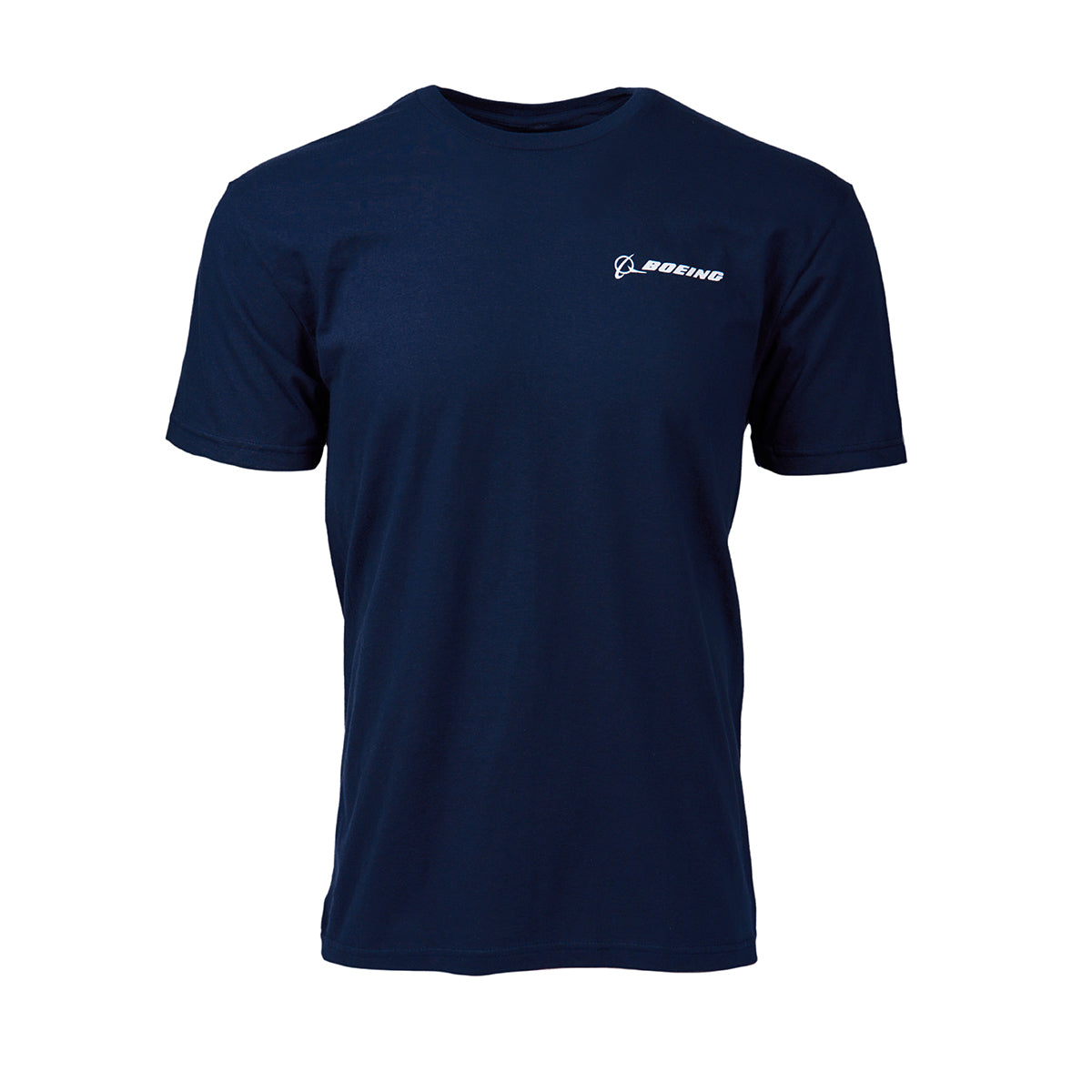 The Boeing CST-100 Starliner Skyward Unisex T-Shirt is dark blue with a small white Boeing logo on the upper left. It features a plain design with short sleeves and a classic crew neck, subtly nodding to skyward exploration.
