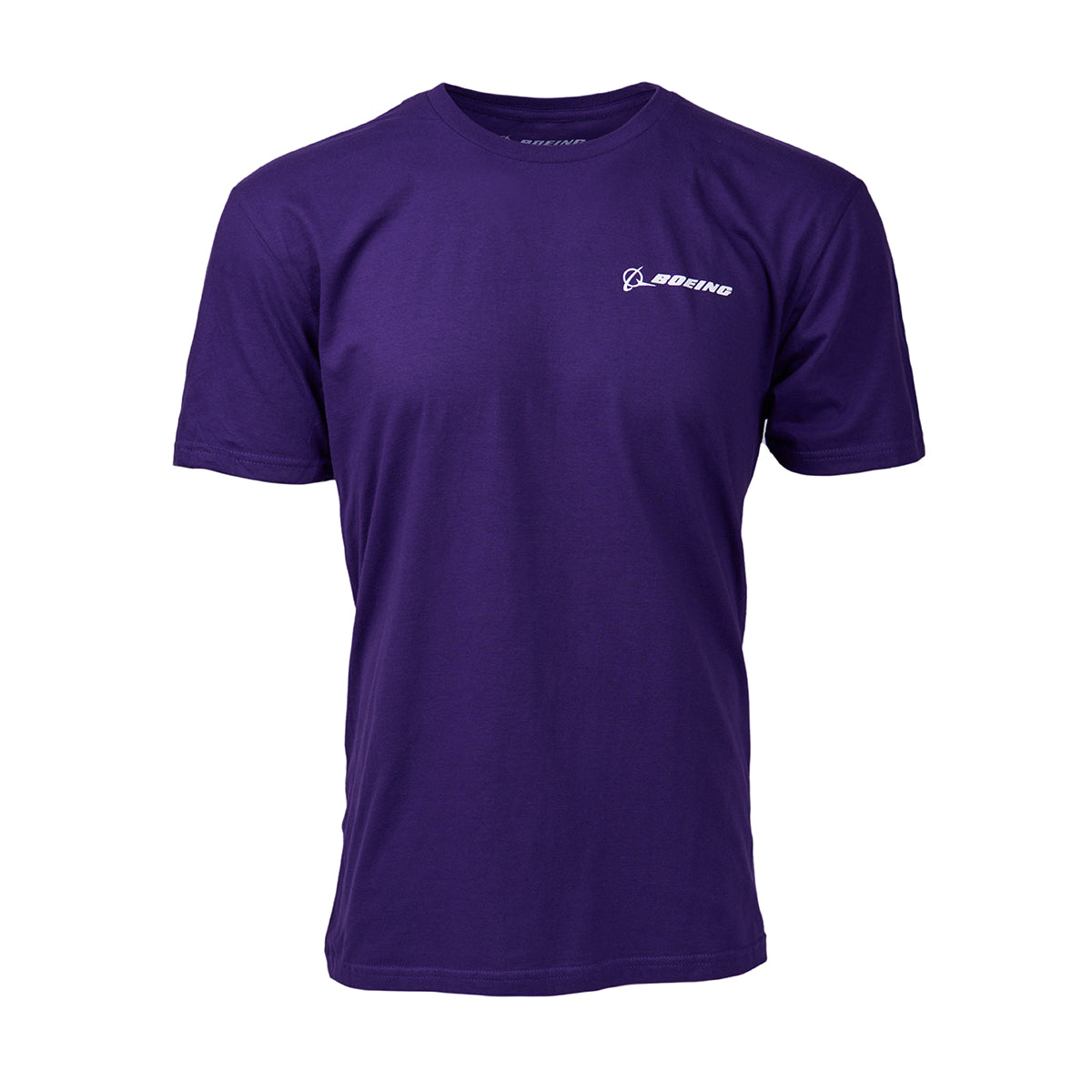 The Boeing Space Launch System Skyward Unisex T-Shirt by Boeing is a plain purple tee featuring a small white Boeing logo on the left chest, inspired by the Space Launch System and shown on a white background.