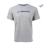 Full product image of the grey t-shirt with blue Boeing signature logo across the chest.