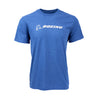 Full product image of the t-shirt in cobalt blue with white Boeing signature logo across the chest.