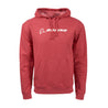 Full product image of the hoodie in red heather color. White Boeing signature logo across the chest.  Features front pouch pocket.