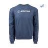 Full product image of the crewneck sweatshirt in a blue heather color.  White Boeing signature logo across the chest. 