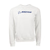 Full product image of the crewneck sweatshirt in a white color.  Blue Boeing signature logo across the chest. 