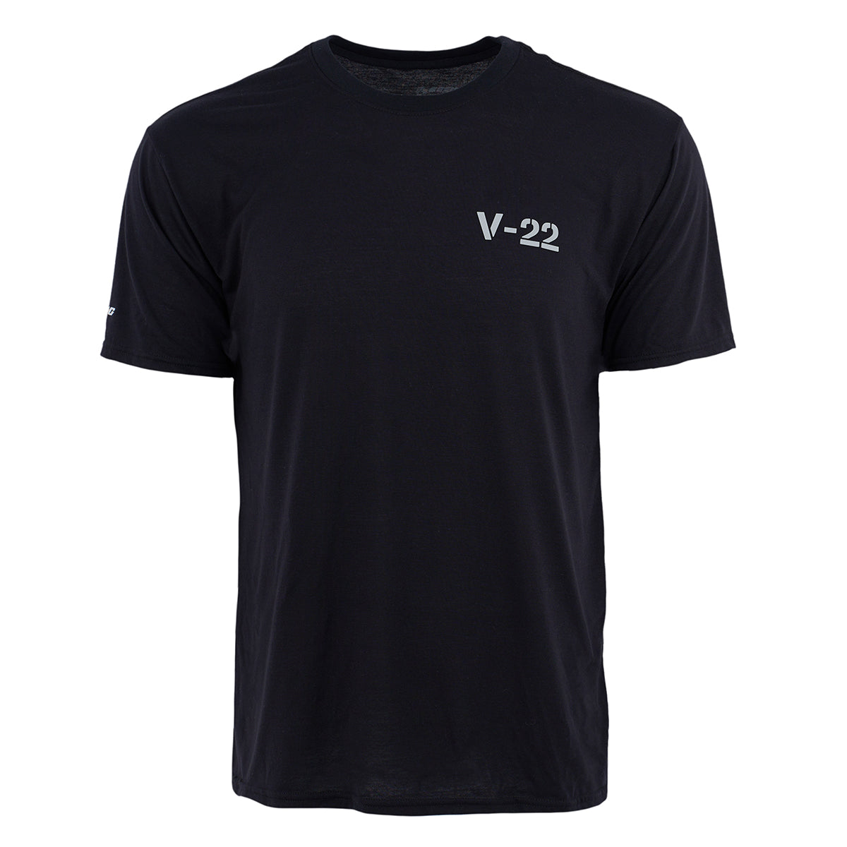 The Boeing V-22 Osprey Series Unisex T-Shirt by BOEING features a plain black, short-sleeve design with V-22 in white on the left chest—ideal for aviation fans. Shirt shown on a white background.