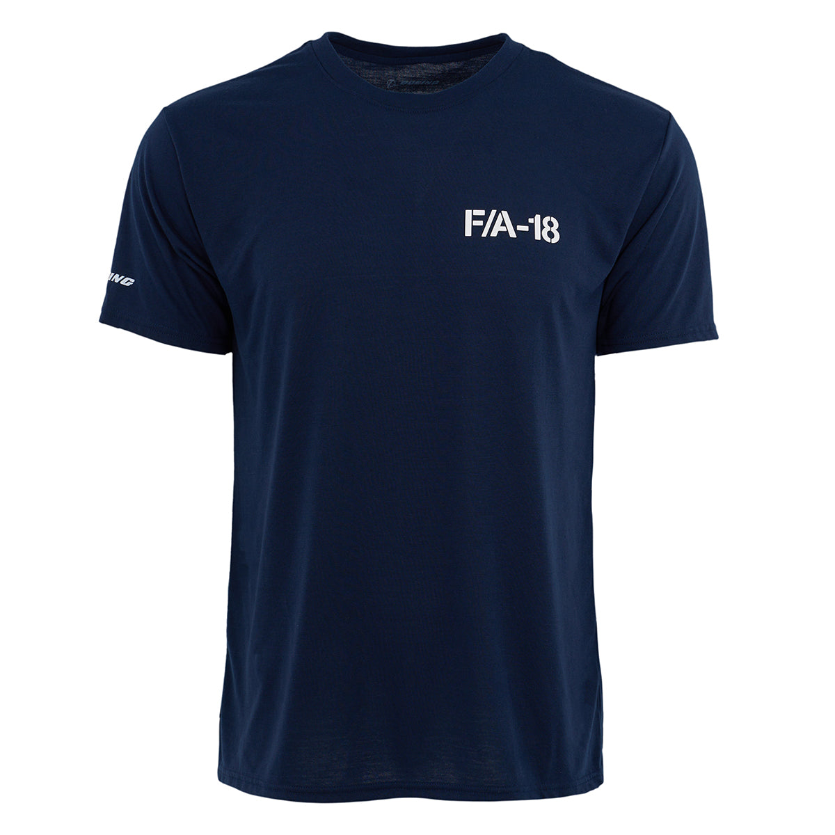 The Boeing F/A-18 Super Hornet Series Unisex T-Shirt features a navy blue design, white FA-18 print on the left chest, and Boeing branding on the sleeve. Made for breathability with a classic crew neck—ideal for aviation enthusiasts.