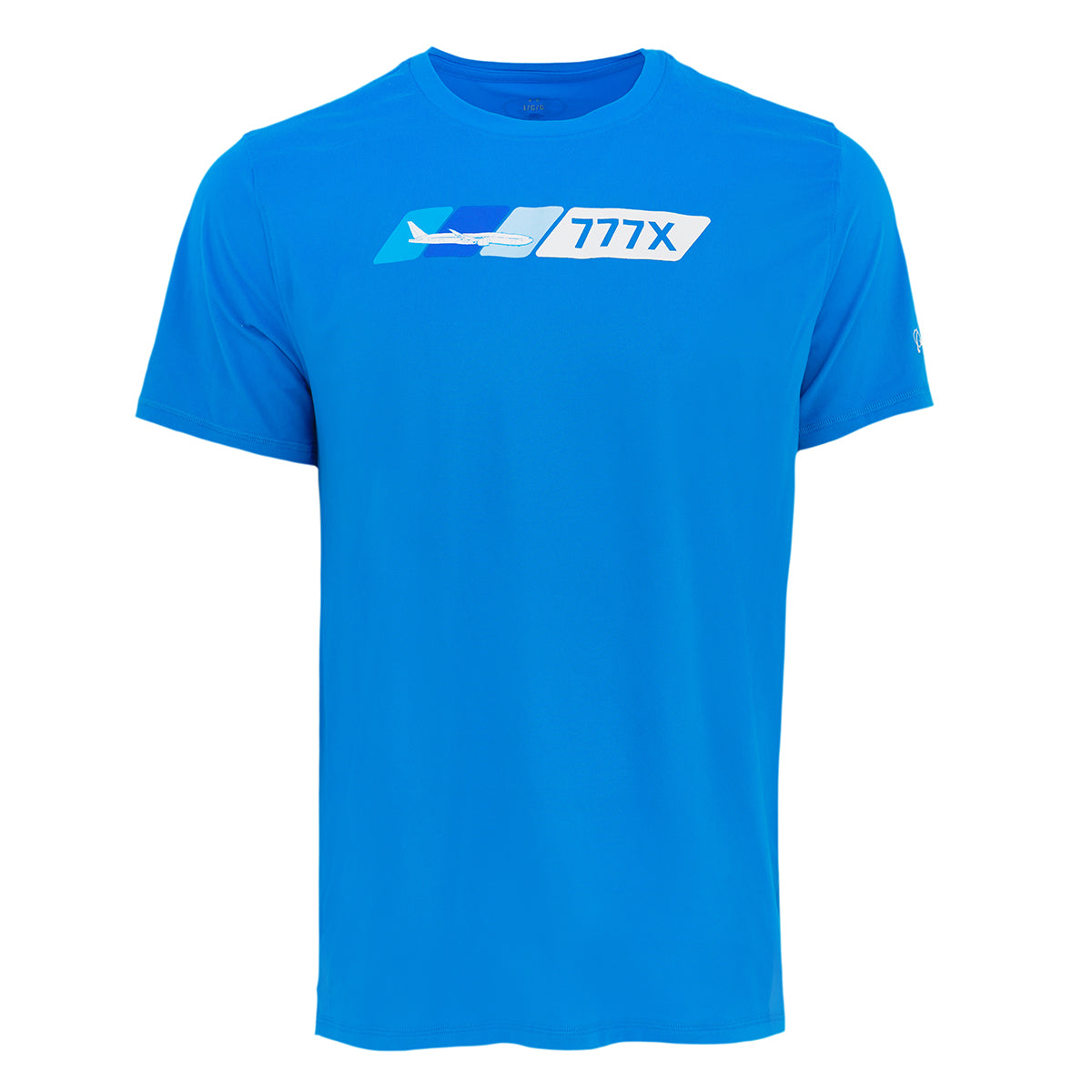 The BOEING 777X Velocity Unisex Tech Stretch T-Shirt features an athletic fit, moisture-wicking fabric, and a blue airplane graphic with “777X” text in white and blue tones. Short-sleeve design shown on a plain white background.