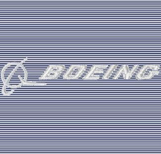 The image displays the Boeing logo in white with a ring and vector on slim blue and white stripes—classic styling from the Peter Millar Boeing Mens Jubilee Stripe Performance Polo, available at The Boeing Store.