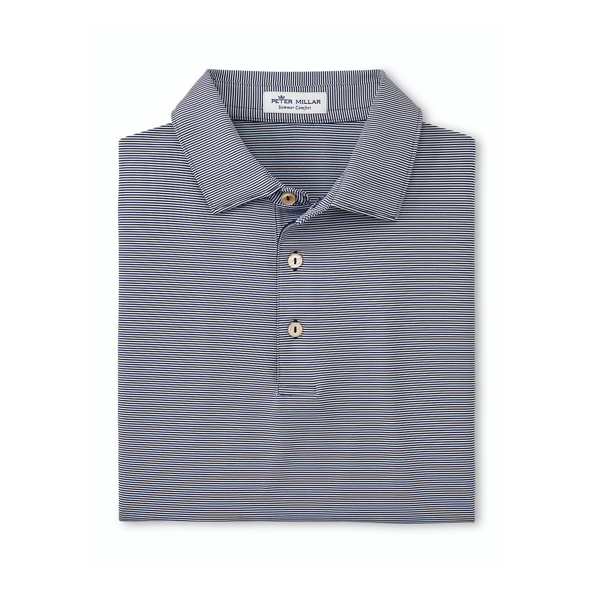 The Peter Millar Boeing Mens Jubilee Stripe Performance Polo from The Boeing Store features short sleeves, thin navy and white stripes, three buttons, and 4-way stretch. Shown neatly folded on a plain white background.