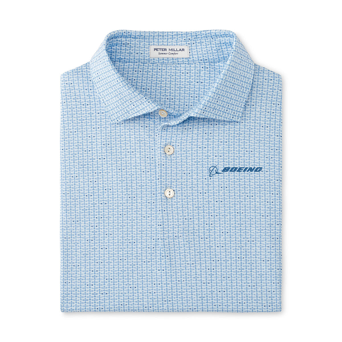 The Peter Millar Boeing Men’s First in Flight Performance Polo features a light blue, subtly patterned fabric, four-way stretch, three white buttons, and the Boeing logo embroidered in blue on the left chest. Brand: BOEING.