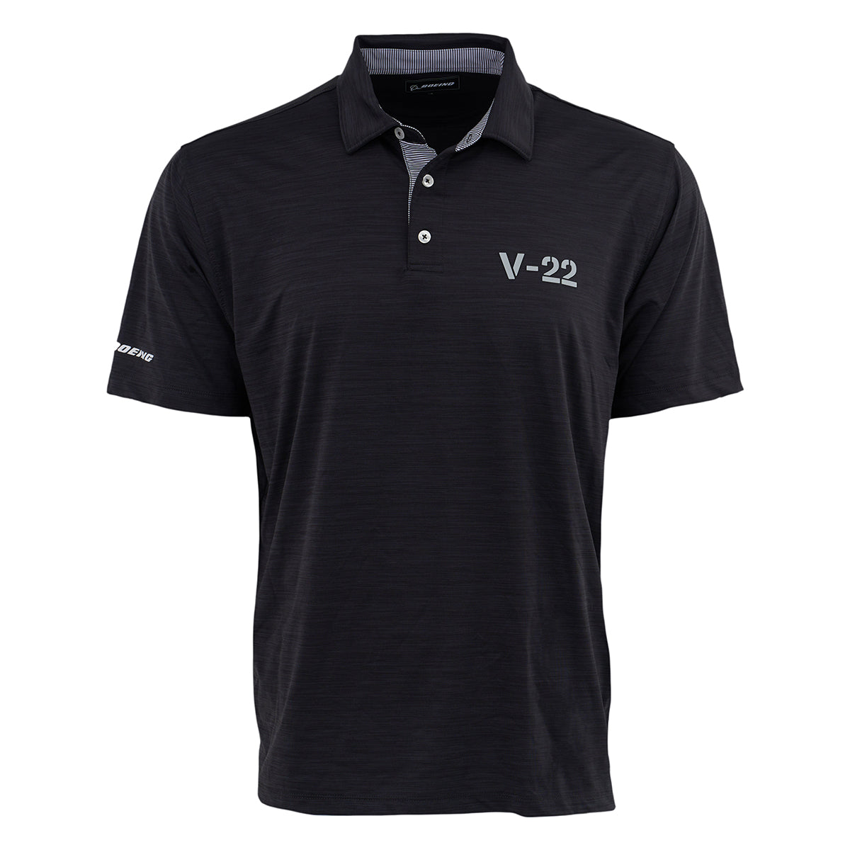The Boeing V-22 Osprey Series Men’s Polo by BOEING is a black, short-sleeve polo with a collar and three buttons, featuring “V-22” on the chest and “Boeing” on the sleeve. It offers UPF 50 sun protection for all-day comfort.