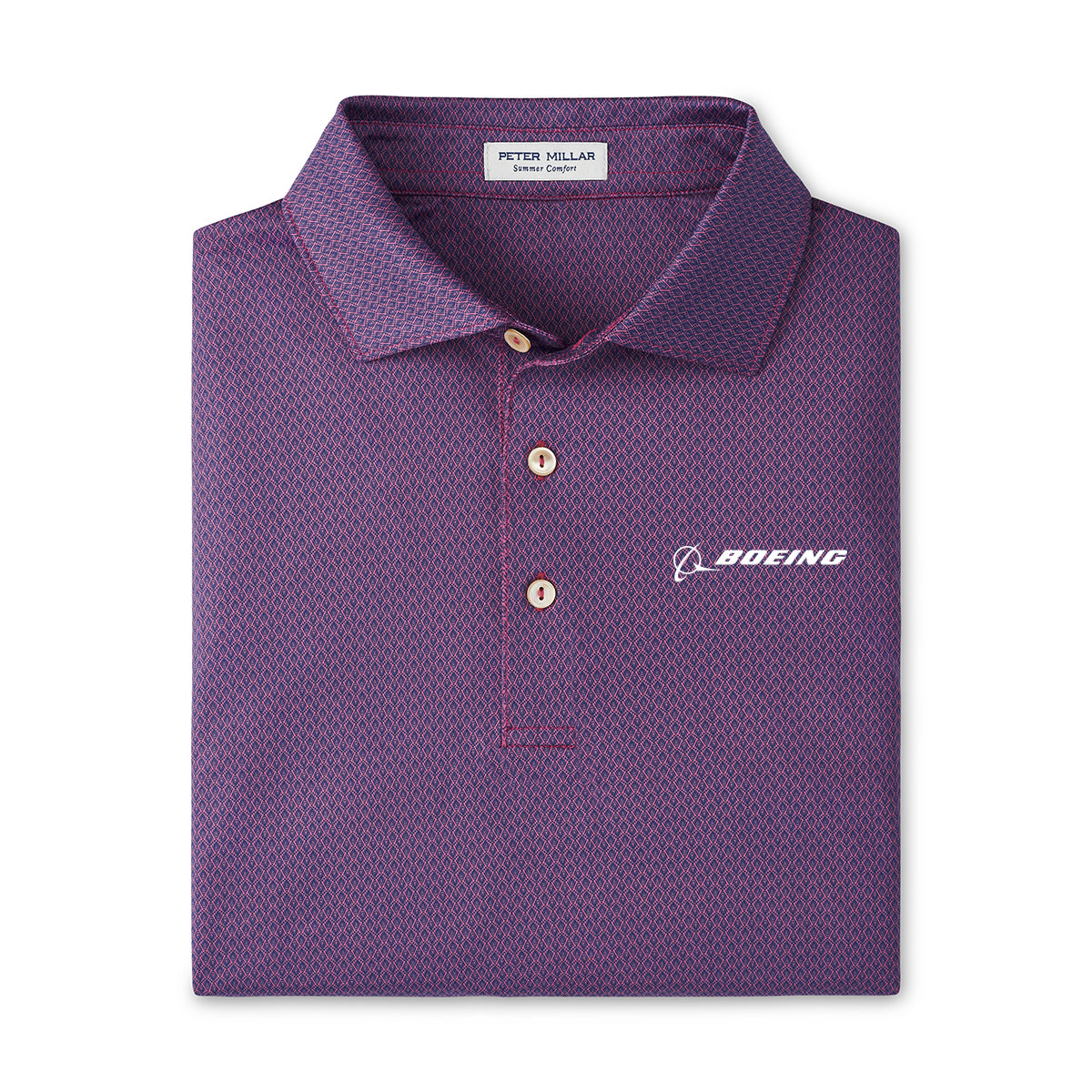 The Peter Millar Boeing Men’s Abbott Performance Polo is a folded purple shirt featuring a subtle pattern, four-way stretch, three-button placket, and a white Boeing logo on the left chest.