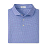 The Peter Millar Boeing Men’s Phoenix Performance Jersey Polo features a blue and purple checkered design, collar with three buttons, white embroidered Boeing logo on the left chest, and four-way stretch for comfort. Brand label inside collar.