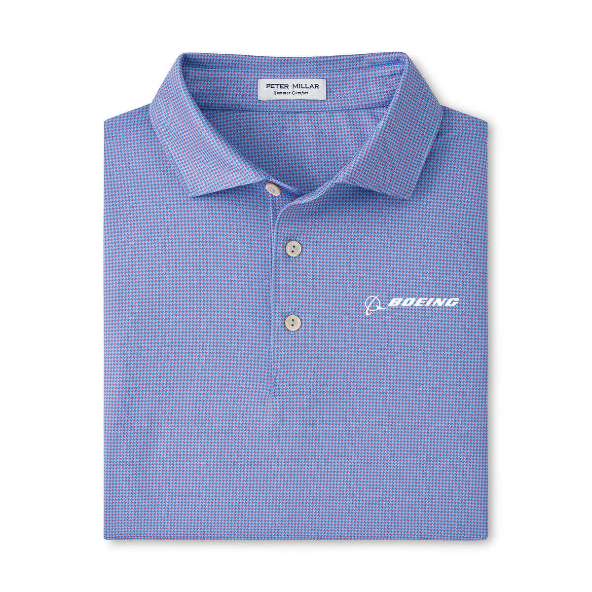The Peter Millar Boeing Men’s Phoenix Performance Jersey Polo features a blue and purple checkered design, collar with three buttons, white embroidered Boeing logo on the left chest, and four-way stretch for comfort. Brand label inside collar.