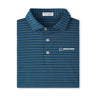 The Peter Millar Boeing Men’s Atrium Performance Jersey Polo features blue stripes, a collar, three buttons, UPF 50+ Summer Comfort fabric, and a white embroidered Boeing logo on the left chest. Inside tag reads Peter Millar.