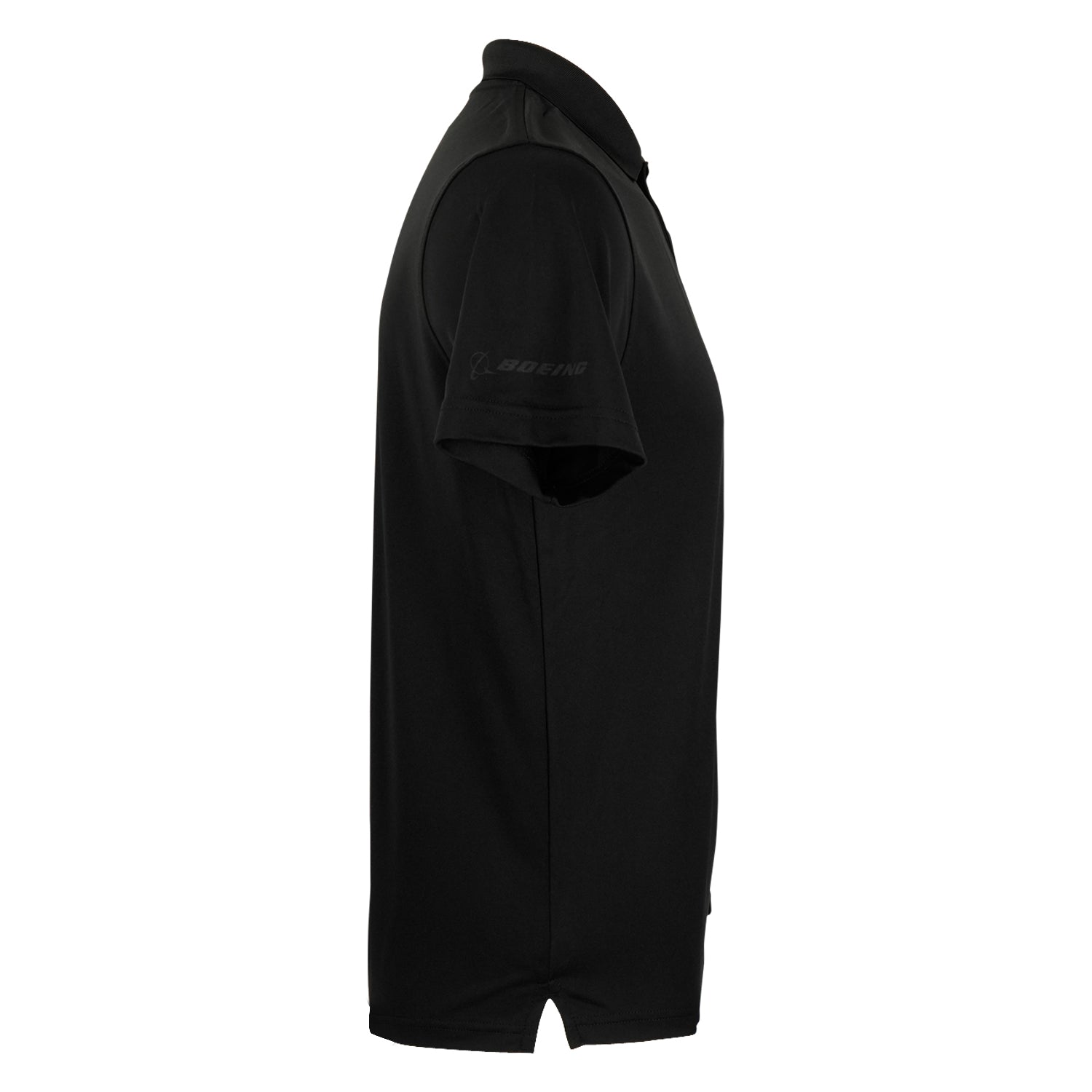 Side view of the Boeing Phantom Works 2025 Men’s Performance Polo in plain black with a collar, featuring subtle “Boeing” branding on the left sleeve. Shown on a white background.