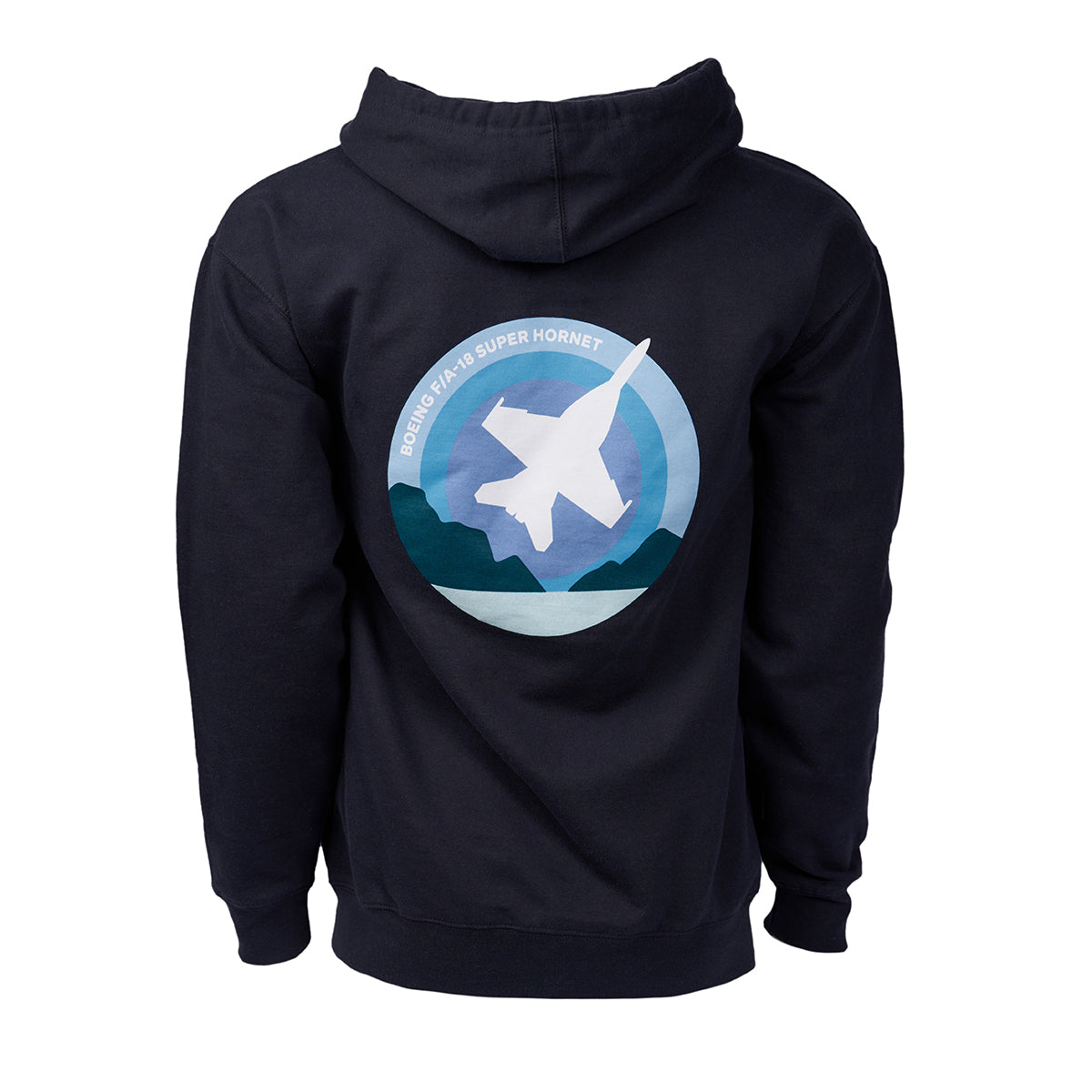 Full product image of the back side of the hooded sweatshirt in a navy blue color.  Showing the Skyward graphic of the Boeing F/A-18 Super Hornet.