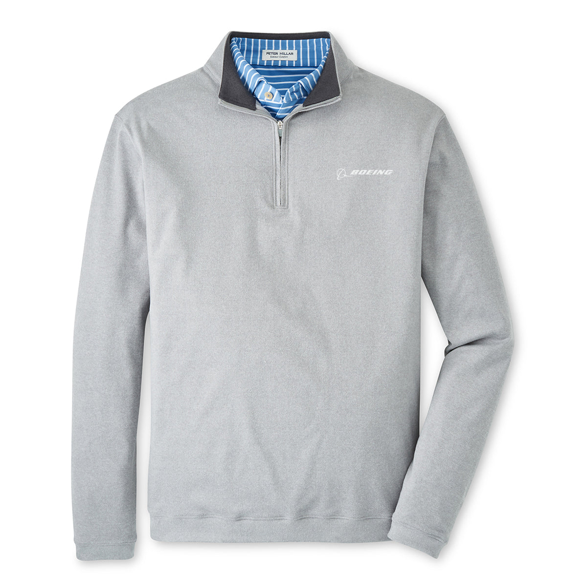 A light gray Peter Millar Boeing Men's Ardent Air Performance Quarter-Zip with a collar and Boeing logo on the left chest is styled over a blue and white striped collared shirt, visible at the neckline.
