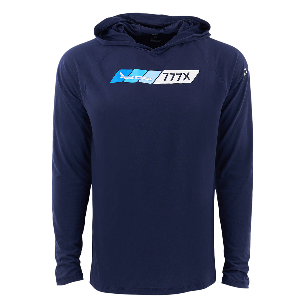 The Boeing 777X Velocity Unisex Tech Stretch Hoodie by BOEING features an athletic fit in navy blue, a 777X logo, and stylized blue and white chest design, shown on a plain white background.
