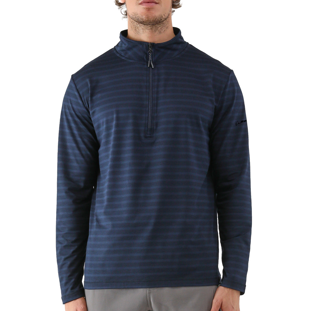 A man wears the BOEING Glyder Boeing Men’s Tahoe Quarter-Zip in navy blue, made with AIRFLEX fabric and subtle stripes, featuring a quarter-zip style. He stands against a white background with his head partially cropped out.