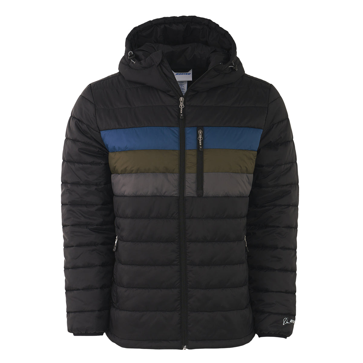 The Boeing Men's Tri-Color Hooded Puffer Jacket by BOEING features a black design with horizontal blue, green, and gray stripes across the chest, water-resistant finish, front zipper closure, hood, and side pockets.