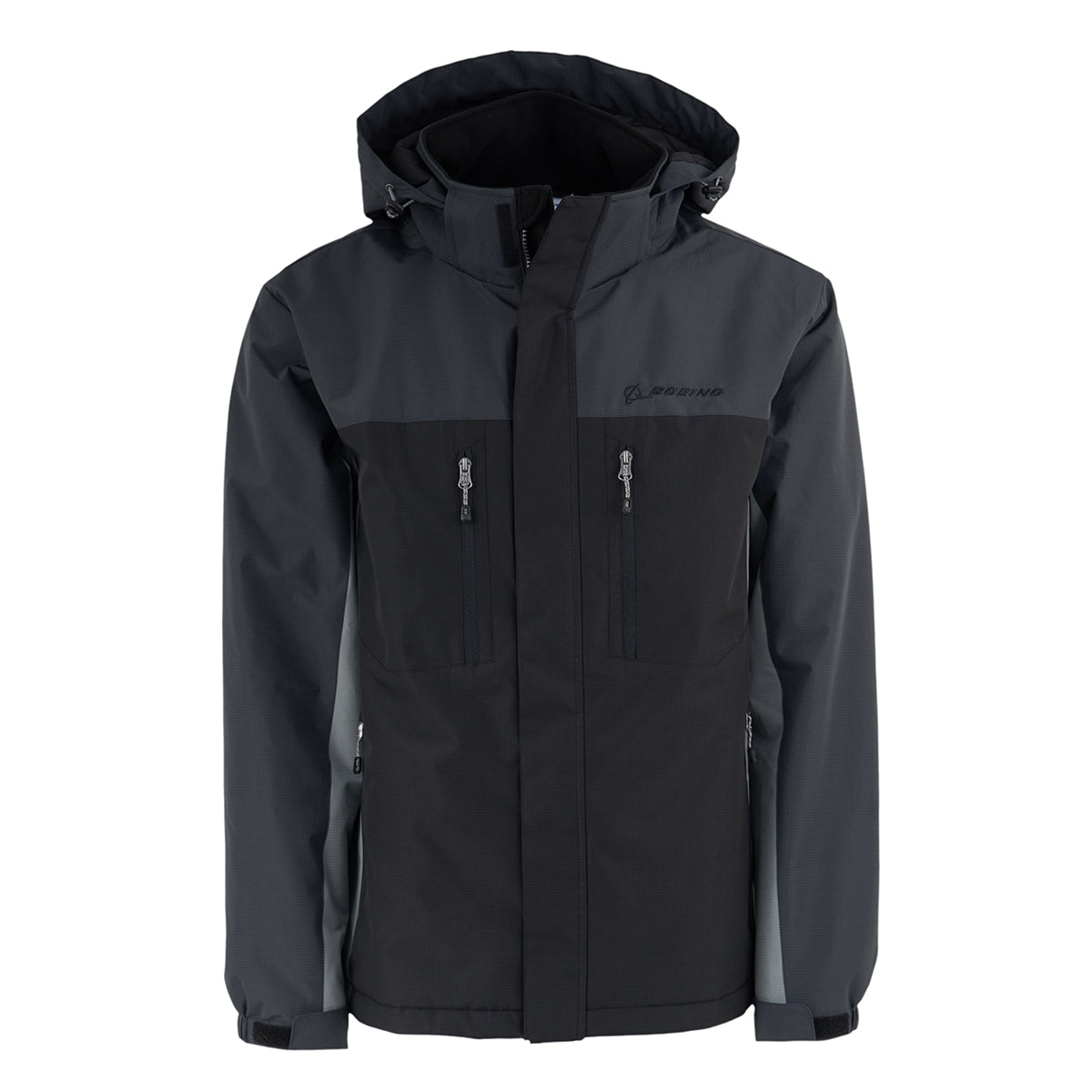 The Boeing Men's Trifecta Ripstop Jacket by BOEING is a black and dark gray, water-resistant jacket with a front zipper, two vertical chest zip pockets, two side pockets, long sleeves, and a subtle brand logo on the left chest.