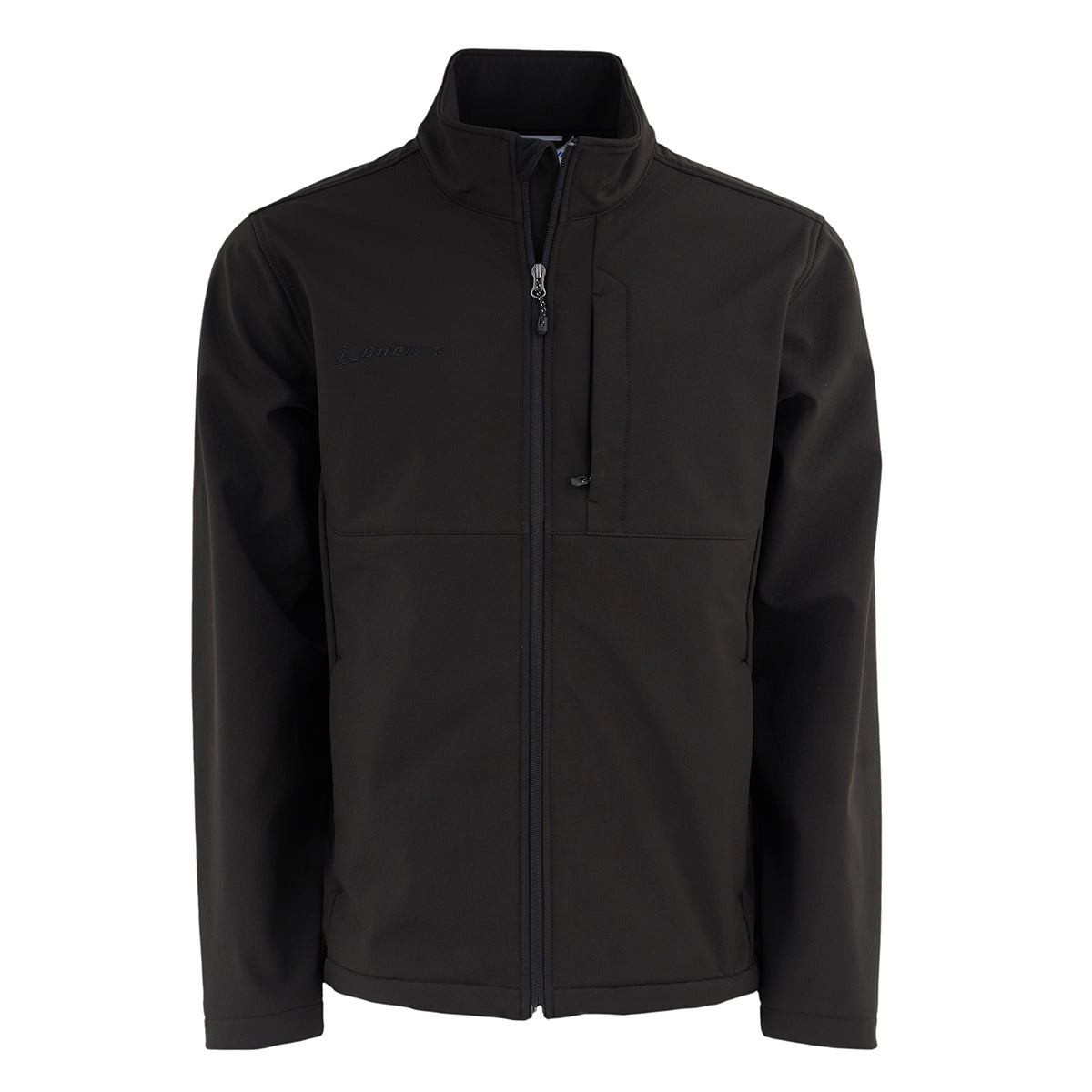 The BOEING Men's Softshell Jacket in black features a stand-up collar, long sleeves, and a left chest pocket. It's wind-resistant and shown on a white background.