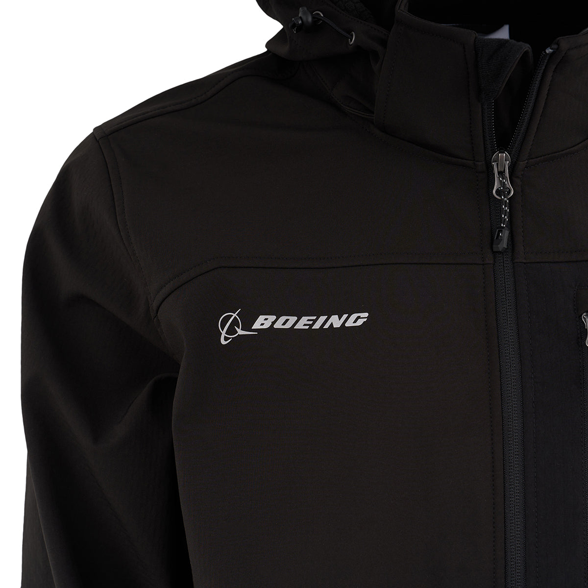 Close-up of the upper part of the Boeing Men's Softshell Brick Jacket by BOEING, featuring a zippered front, hood, white Boeing logo on the left chest, and made from water-resistant recycled shell fabric.