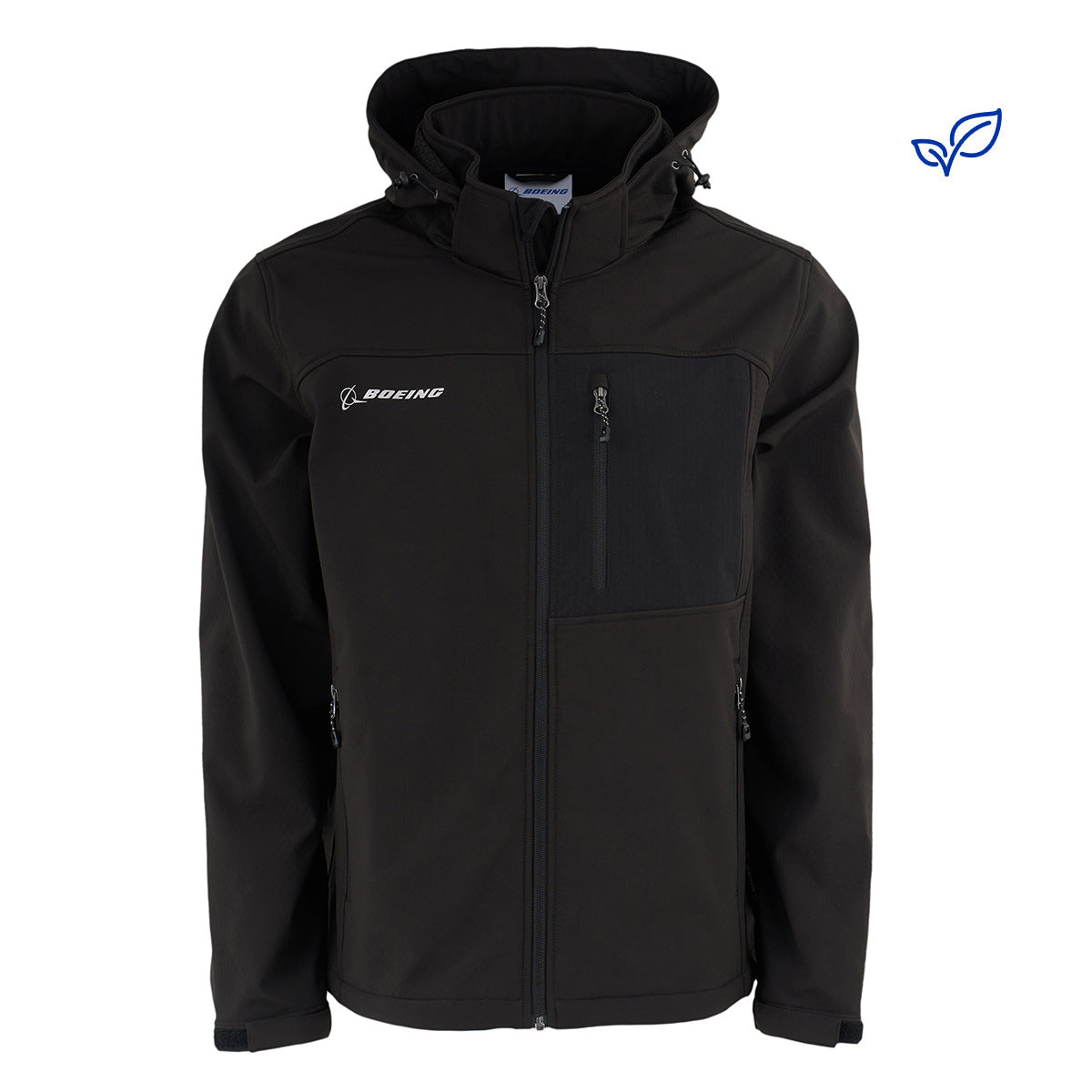 The BOEING Men's Softshell Brick Jacket is a black, water-resistant jacket with a hood, Boeing logo on the left chest, and multiple zippered pockets for style and functionality.