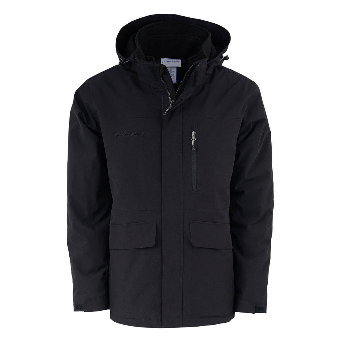 The BOEING Men's 3-in-1 Systems Jacket in black features a hood, front zipper, two large bottom flap pockets, a zippered chest pocket, and subtle branding for versatile style and weather protection.