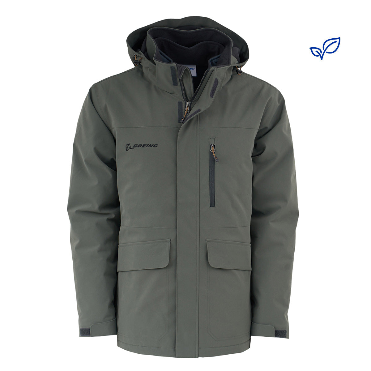 The BOEING Men's 3-in-1 Systems Jacket in green features a hood, front zipper, buttoned flap pockets, zippered chest pocket, and the Boeing logo on the left chest—versatile outerwear for excellent weather protection.