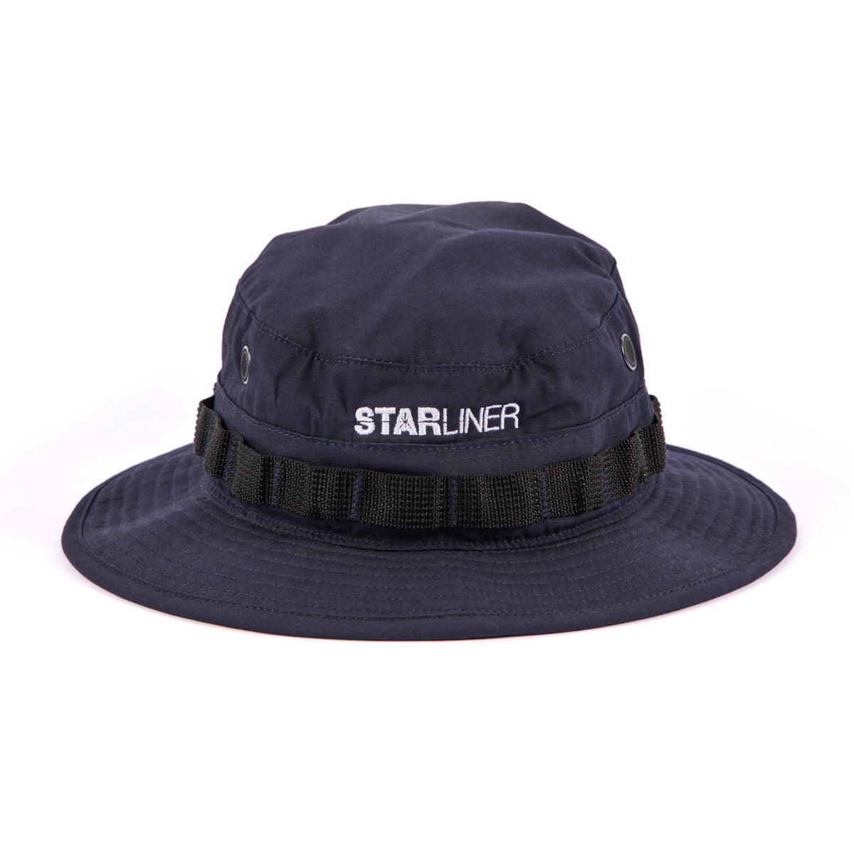 The Boeing CST-100 Starliner Bucket Hat by Boeing is a dark blue wide-brim hat with a black band and “STARLINER”—NASA’s next-generation spacecraft—embroidered in white on the front.