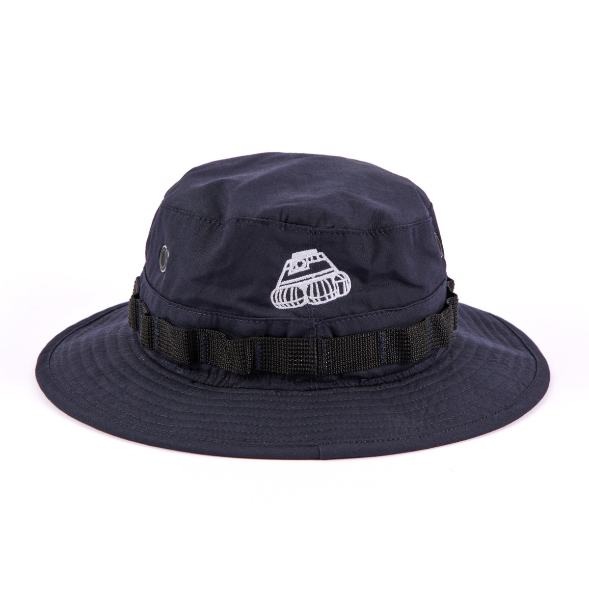 The Boeing CST-100 Starliner Bucket Hat by Boeing features a navy blue design with a black band, metal eyelets for ventilation, and an embroidered spacecraft graphic on the front.