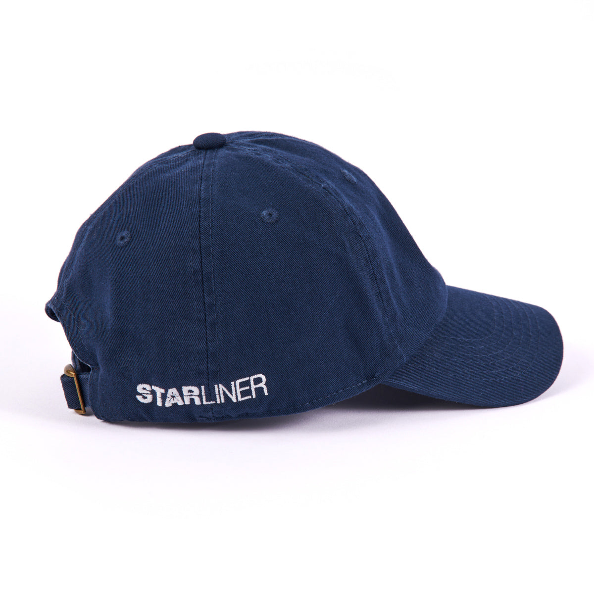 The Boeing CST-100 Starliner Hat by Boeing in navy blue features STARLINER embroidered in white on the back, honors space exploration and NASAs Commercial Crew Program, and includes an adjustable strap with a metal buckle.