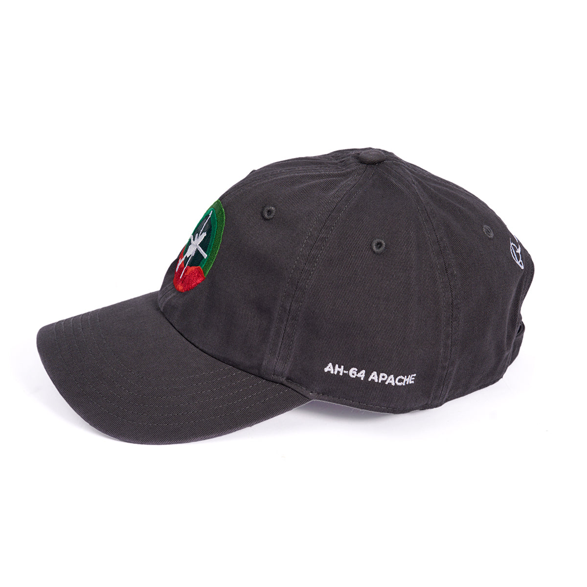 The Boeing AH-64 Apache Skyward Hat is a black baseball cap with an embroidered emblem in red, white, and green on the front. AH-64 Apache is stitched in white on the side, and it features an adjustable cloth backstrap for a perfect fit.