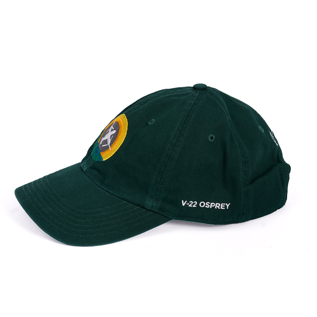 The Boeing V-22 Osprey Skyward Hat, in dark green, boasts a front patch with a vivid yellow and brown logo. Boeing V-22 Osprey is embroidered in white on the side. It features eyelets, a curved brim, and an adjustable cloth backstrap for the ideal fit.