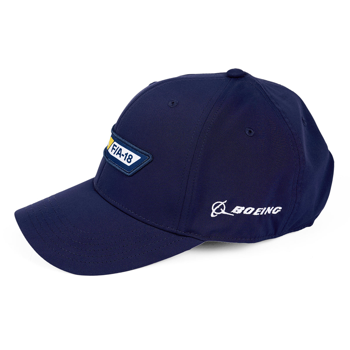 The Boeing F/A-18 Super Hornet Velocity Unisex Hat by Boeing features a navy blue curved brim, a front F/A-18 Super Hornet patch, side Boeing logo and text, plus an adjustable velcro closure for comfort.