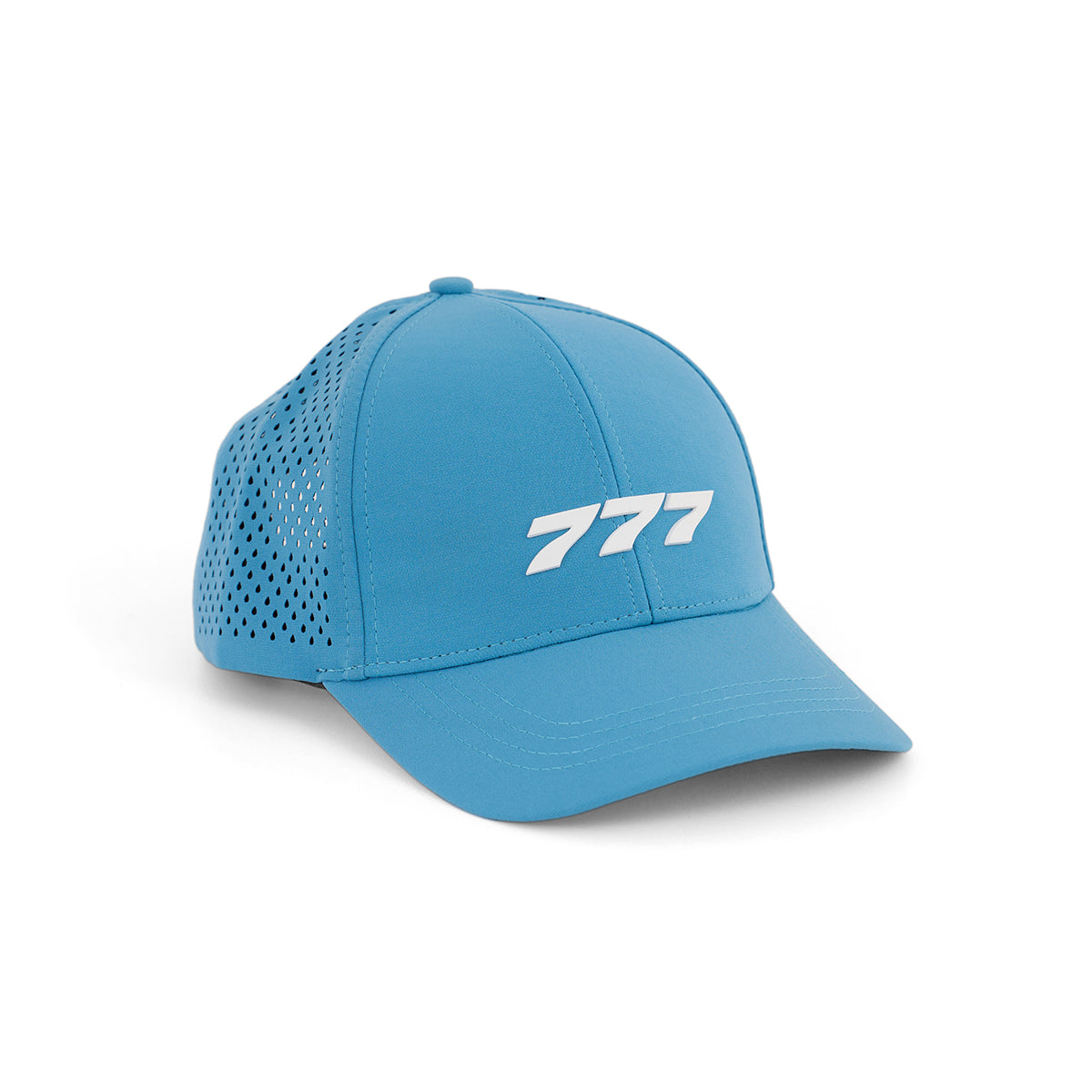 The BOEING 777 Series Hat is light blue with perforated side panels, a white 777 on the front, and a velcro closure for adjustable fit.
