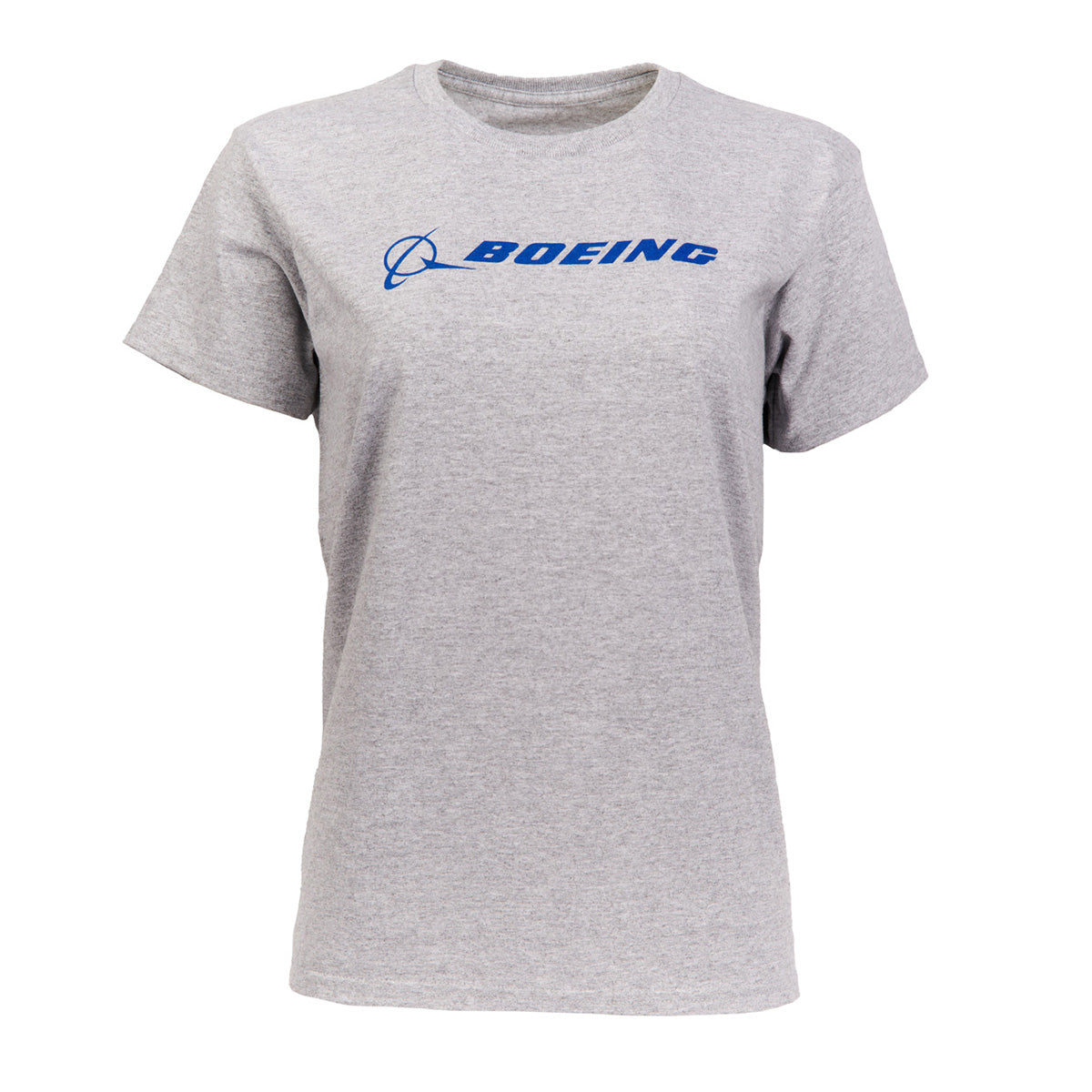 The Boeing Signature Logo Womens T-Shirt from The Boeing Store is a heather gray, classic fit tee with short sleeves, a crew neckline, and the iconic blue Boeing logo and name across the chest.
