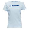 The Boeing Store presents the Boeing Signature Logo Womens T-Shirt in light blue. This classic fit tee features a dark blue Boeing logo and stylized graphic on the chest, made from 100% cotton, displayed against a white background.