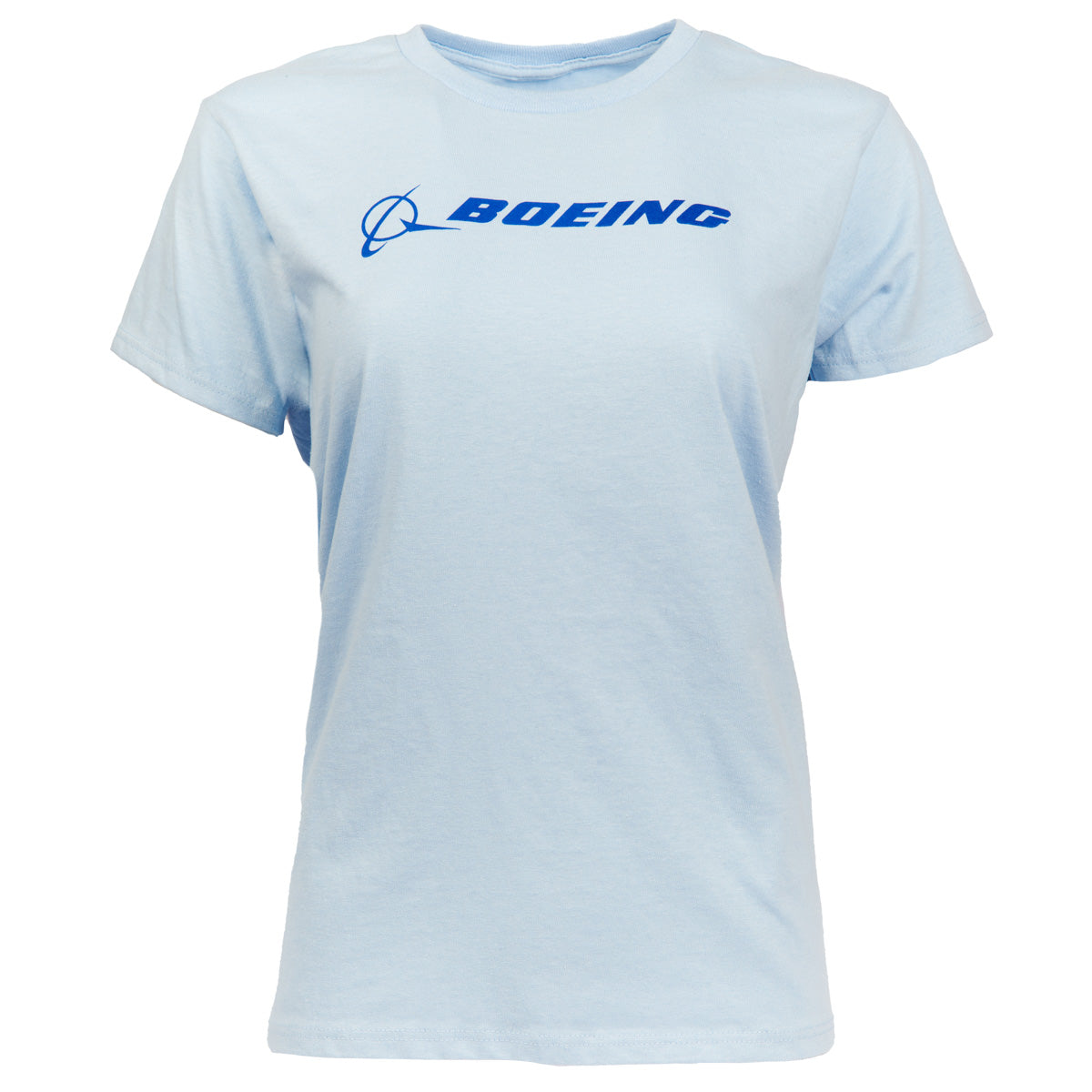 The Boeing Store presents the Boeing Signature Logo Womens T-Shirt in light blue. This classic fit tee features a dark blue Boeing logo and stylized graphic on the chest, made from 100% cotton, displayed against a white background.