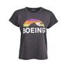 The Boeing Horizon Peak Womens T-Shirt features a stylish gray design with a vibrant mountain graphic, sunset in orange, pink, and green, an airplane silhouette soaring above, and BOEING boldly in white underneath.