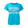 The Boeing Sunbeam Womens T-Shirt features a turquoise design with a graphic airplane above “BOEING” and sunbeam rays, plus “EST 1916” below—perfect for aviation fans.