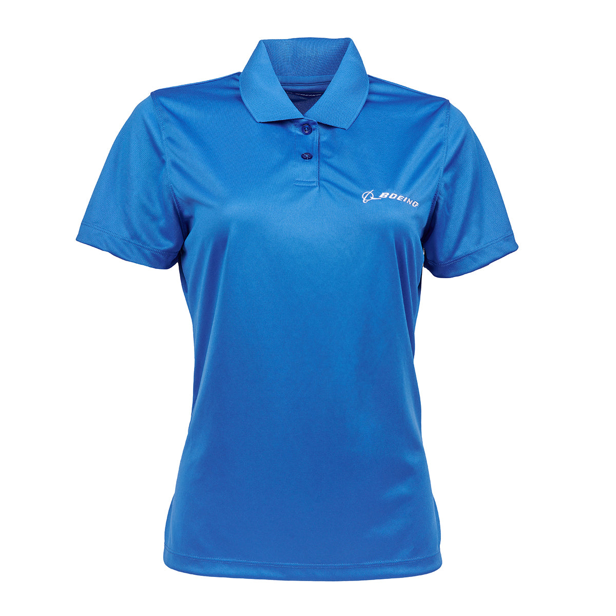 The Boeing Stores Boeing Signature Logo Womens Mesh Tech Polo is a blue short-sleeve shirt with a rib-knit collar and small white logo on the left chest, featuring sleek moisture-wicking fabric.